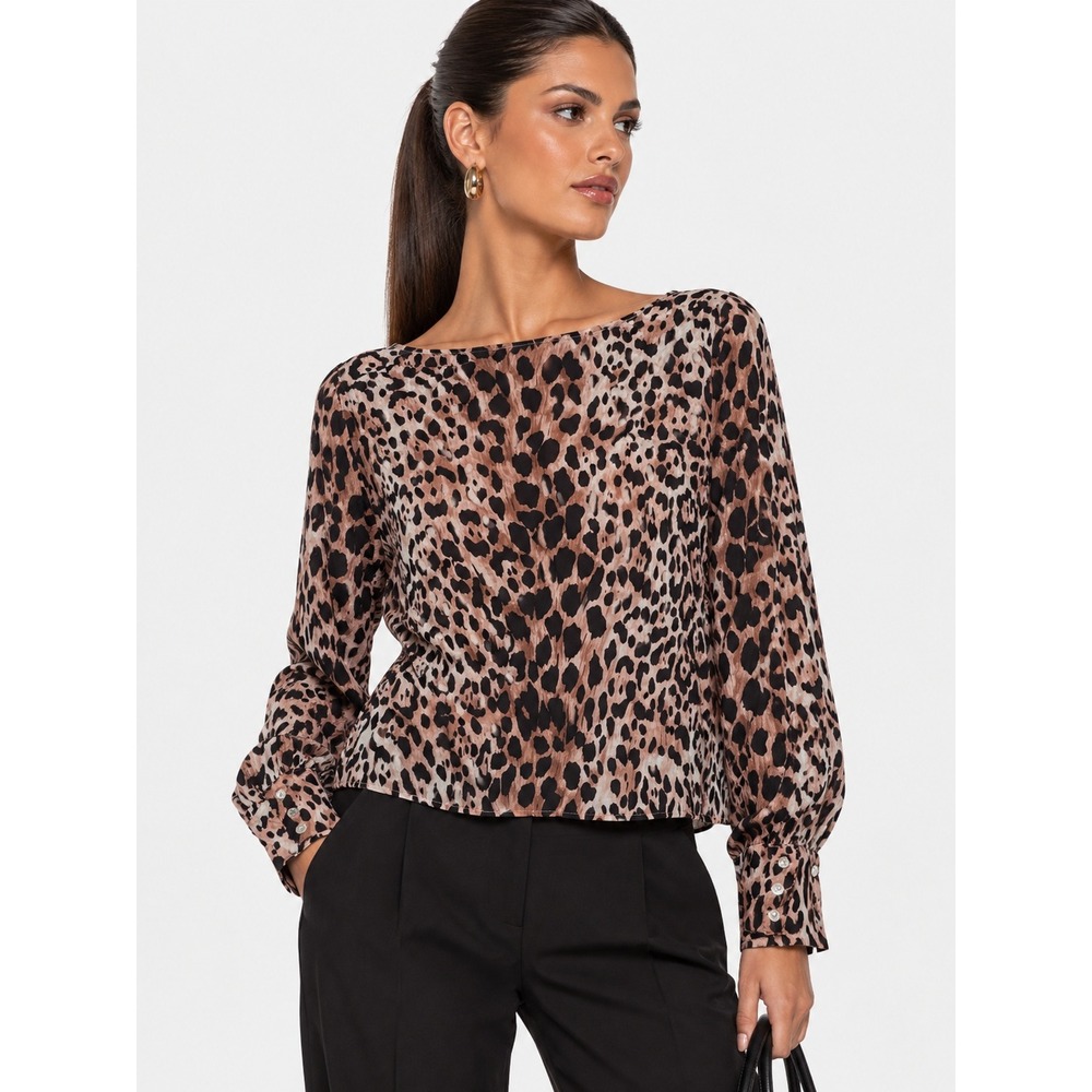 Karen Kane Pink Leopard Satin Boat Neck Blouse Top L NWOT New